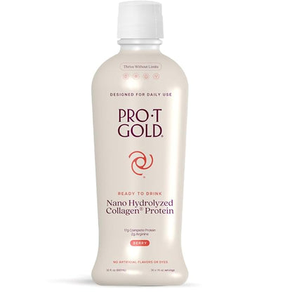 ProT Gold Liquid Collagen Protein Shot, 17g Clear Protein Nano-Hydrolyzed Grass Fed Collagen, 2g Arginine for Wound Support, Gluten Free, Sugar Free, 0g Carbs, Non GMO, Berry, 30 fl oz Bottle