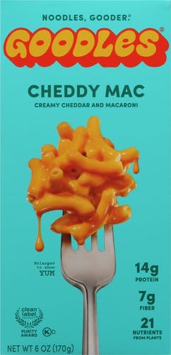 Goodles Cheddy Mac Creamy Cheddar and Macaroni Pasta - Nutrient Packed with Real Cheese, Fiber, Protein, Prebiotics, Plants, & Vegetables | Non-GMO, Organic Ingredients [Cheddy Mac, 6 oz.] (Pack of 4)