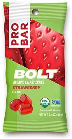 PROBAR - Bolt Organic Energy Chews, Strawberry, Non-GMO, Gluten-Free, USDA Certified Organic, Healthy, Natural Energy, Fast Fuel Gummies with Vitamins B & C (12 Count)