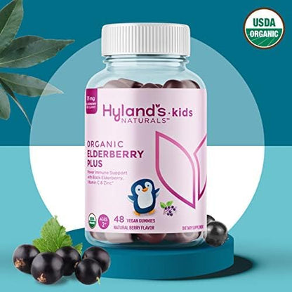 Hyland's Kids Organic Elderberry Plus Gummies, Organic Black Elderberry with ZINC and Vitamin C, Immune Support for Children, 48 Vegan Gummies