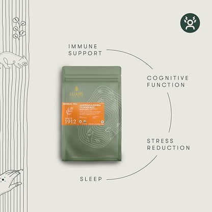 Luxmi Estates Ashwagandha Turmeric | Organic Adaptogen Tea | Stress Relief & Immunity Support | 50 Biodegradable Tea Bags | 100g/3.52oz