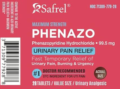 Safrel Urinary Pain Relief | UTI Relief | Fast Acting | Bladder Discomfort & Pain Relief | Phenazopyridine Hydrochloride 99.5mg (28 Count)