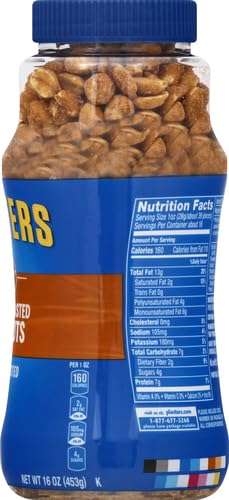 PLANTERS Honey Roasted Peanuts,Dry Roasted Peanuts,Party Snack,Plant-Based Protein,After School Snack,Sweet and Salty,Salted Nuts,Sea Salt & Honey,Snacks for Adults,Kosher,16oz Jar,(Pack of 4)