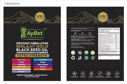 Organic Himalayan Shilajit Gold Gummies for Men and Women, Black Seed Oil, Ashwagandha, Ginseng, Turmeric, Gokshura, Lion's None, Lab Tested,%75 Fulvic Acid, No Sugar Added, Halal, 60Gummy