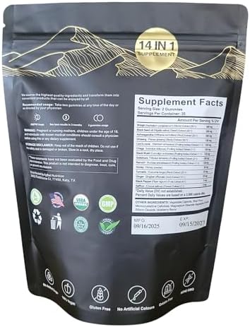 Organic Himalayan Shilajit Gold Gummies for Men and Women, Black Seed Oil, Ashwagandha, Ginseng, Turmeric, Gokshura, Lion's None, Lab Tested,%75 Fulvic Acid, No Sugar Added, Halal, 60Gummy