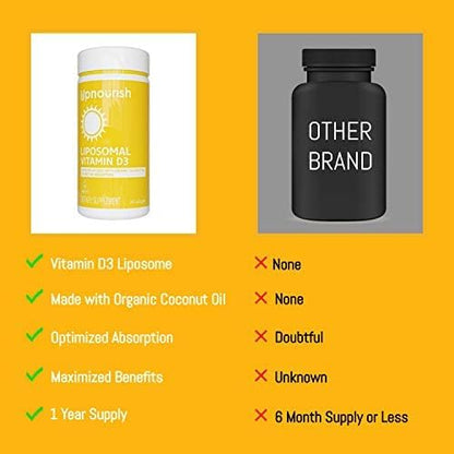 UpNourish Liposomal Vitamin D3 5000 IU Softgels - 1 Year Supply | Organic Coconut Oil Infused Vitamin D Supplements - Support Bone, Dental, Heart, Mood & Immune Health - Non GMO Gluten Free - 365 ct