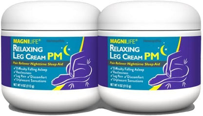 MagniLife Relaxing Leg Cream PM, 4 Oz Jars (2 Pack), Homeopathic Nighttime Pain Reliever & Sleep Aid with Lavender & Magnesium, Non-Greasy Deep Penetrating Cream for Restless Legs & Discomfort