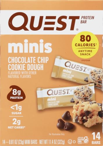Quest Nutrition Mini Chocolate Chip Cookie Dough Protein Bars,8g Protein,1g Sugar,2g Net Carbs,Gluten Free,14 Count (Pack of 2)