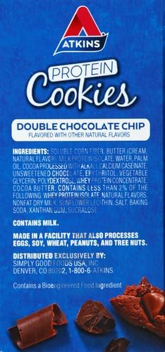 Atkins Double Chocolate Chip Protein Cookie, Protein Dessert, Rich in Fiber, 3g Net Carbs, 1g Sugar, Keto Friendly, 4 Count