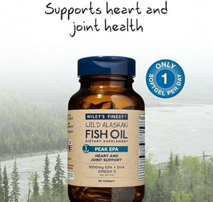 Wiley's Finest Wild Alaskan Fish Oil Peak EPA - Triple Strength Peak EPA & DHA Supplement - 1000mg Fish Oil - Omega-3s for Joint Health Support - 60 Softgels (60 Servings)