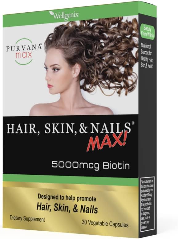 Wellgenix Purvana MAX Hair Skin and Nails Supplement – 5000mcg Biotin with MSM & B-Complex – Supports Thicker Hair, Stronger Nails & Glowing Skin – 60 Veggie Capsules (2 Pack)