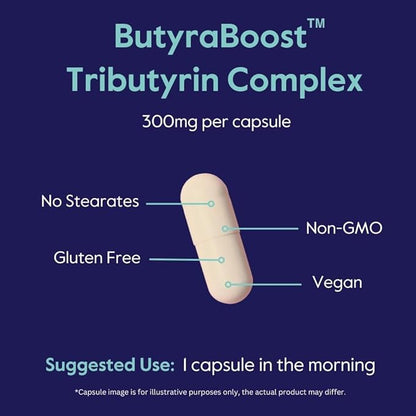 BESTVITE ButyraBoost 300mg Tributyrin Complex (60 Vegetarian Capsules) - No Stearates - Vegan - Non GMO - Gluten Free - Butyrate Gut Health Supplement