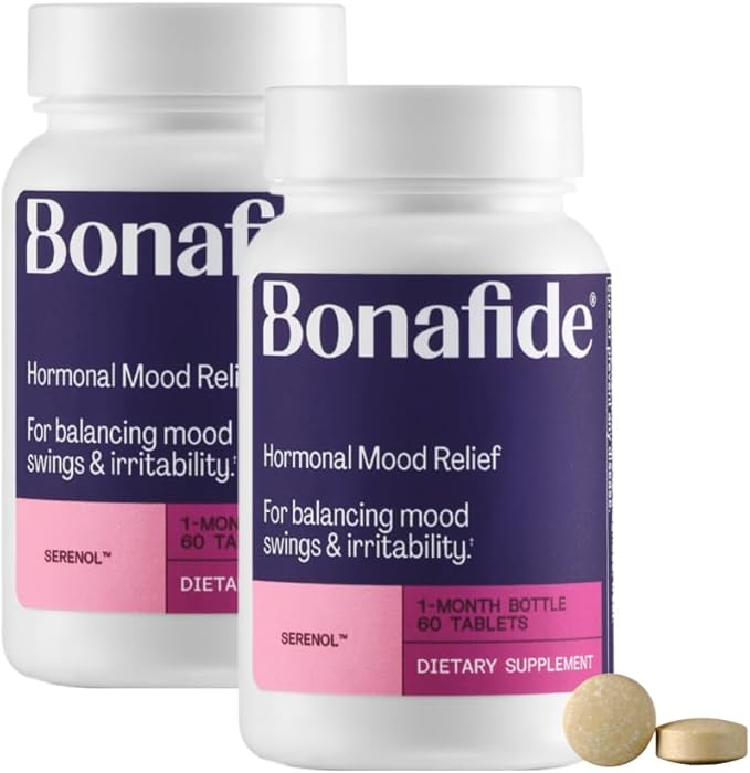 Serenol by Bonafide. Relief from Hormonal Mood Swings, Irritability, & PMS Bloating. — 2-Month Supply (120 Tablets)