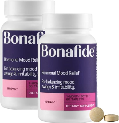 Serenol by Bonafide. Relief from Hormonal Mood Swings, Irritability, & PMS Bloating. — 2-Month Supply (120 Tablets)