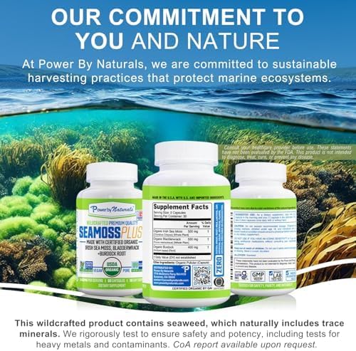 Power By Naturals Sea Moss Plus – USDA Organic Irish Sea Moss Capsules with Bladderwrack & Burdock Root – Immune Support – Vegan, Non-GMO, Gluten-Free – 120 Capsules, 2-Pack (2-Month Supply)