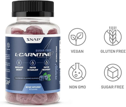 Snap Supplements L-Carnitine Tartrate Sugar Free Gummies 500mg, Amino Acid Supplement for Healthy Exercise Recovery, Metabolism, & Energy*, 60 Vegan Gummies, Blueberry (30 Day Supply)