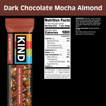 KIND Bars, Dark Chocolate Mocha Almond, Healthy Snacks, Gluten Free, Low Sugar, 5g Protein, 12 Count