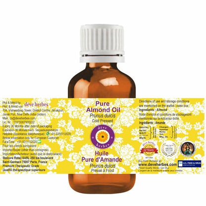 Deve herbes Pure Almond Oil (Prunus dulcis) Natural Therapeutic Grade Cold Pressed for Personal Care (Pack of Two) 100ml X 2 (6.76 oz)