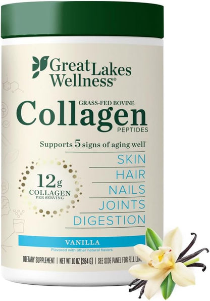 Great Lakes Wellness Collagen Peptides Powder for Skin, Hair, Nails, Joints & Digestion - Vanilla Flavored - Quick Dissolve Hydrolyzed, Non-GMO, Kosher - 10 oz