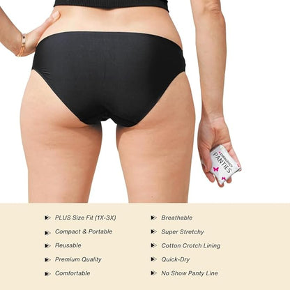 Emergency Panties 4in1 Kit = Seamless Underwear, Fresh Wipe & Liner Accidents Travel On-The-Go Toiletry Kit Plus Size fit 1X-3X Black Bikini