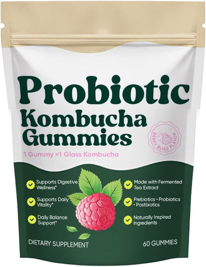 Probiotic Kombucha Gummies with Prebiotics, Probiotics & Postbiotics – Digestive & Gut Health Support – Daily Balance, Bloating Comfort & Microbiome Support – Vegan, Non-GMO, 60 Gummies