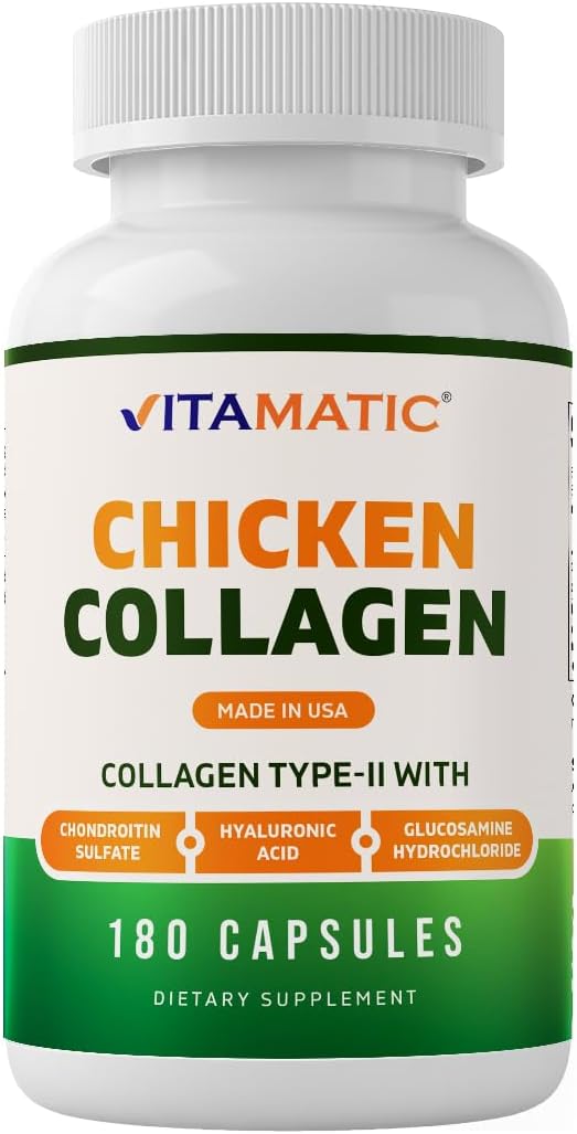 Vitamatic Chicken Collagen 3000 mg (Per Serving) with Glucosamine, Chondroitin & Hyaluronic Acid | 180 Capsules | Non-GMO | Gluten Free
