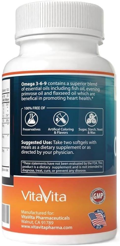 Triple Strength Omega 3-6-9 Fish Oil, Flaxseed & Evening Primrose Oil, 2000mg EPA & DHA (200 Softgels)