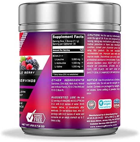 Amazing Muscle BCAA 2:1:1 Branched Chain Amino Acids - 6,000 MG - Promotes Lean Muscles - Supports Swifter Muscle Recovery - Enhances Endurance Levels (Wild Berry, 30 Servings)