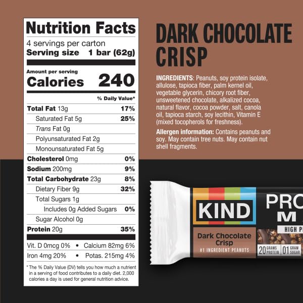 KIND Protein MAX, Dark Chocolate Crisp, 20g Protein, 1g Sugar, Low Sugar, High Protein Snack Bars, 4 Count
