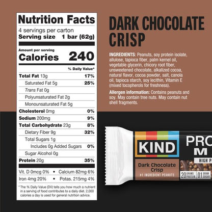 KIND Protein MAX, Dark Chocolate Crisp, 20g Protein, 1g Sugar, Low Sugar, High Protein Snack Bars, 4 Count