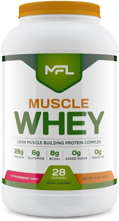 MFL Muscle Whey Protein l 28g of Protein l 8g BCAAs l Keto Friendly l Low Carbs l 2 lbs (Strawberry Cake)