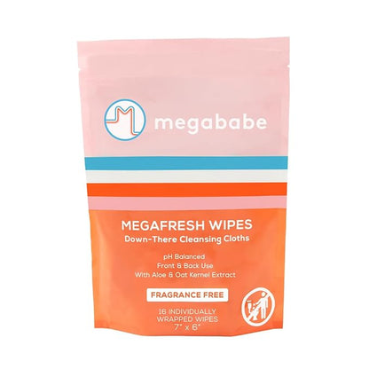 Megababe Megafresh Wipes | Unscented Cleansing Wipes for the Intimate Area | Spring Break Essential | pH Balanced, Front & Back Use | 16 Individually Wrapped Wipes (Pack of 1)