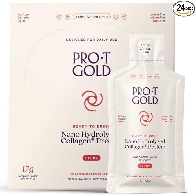 ProT Gold Liquid Collagen Protein Shot, 17g Clear Protein Nano-Hydrolyzed Grass Fed Collagen, 2g Arginine for Wound Support, Gluten Free, Sugar Free, 0g Carbs, Non GMO, Berry, 1 fl oz, 24 Pack