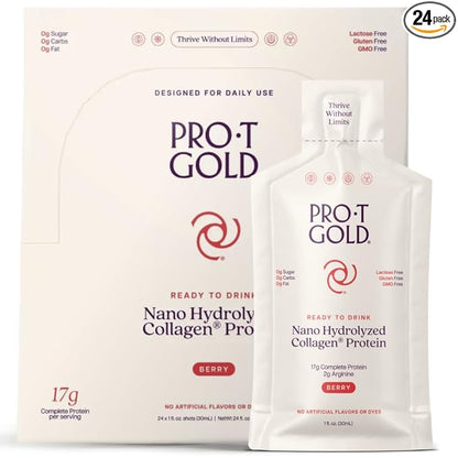 ProT Gold Liquid Collagen Protein Shot, 17g Clear Protein Nano-Hydrolyzed Grass Fed Collagen, 2g Arginine for Wound Support, Gluten Free, Sugar Free, 0g Carbs, Non GMO, Berry, 1 fl oz, 24 Pack