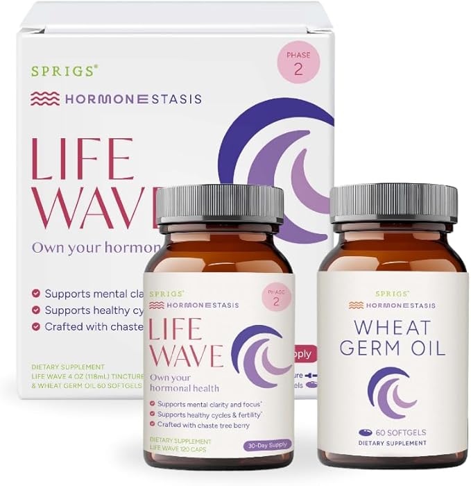 SPRIGS Life Wave Phase 2 Hormonal Support Kit for Women | Supplements for Healthy Hormone Balance, Regular Menstrual Cycle, Balanced Mood & Fertility | 120 Herbal Capsules & 60 Wheat Germ Oil Softgels