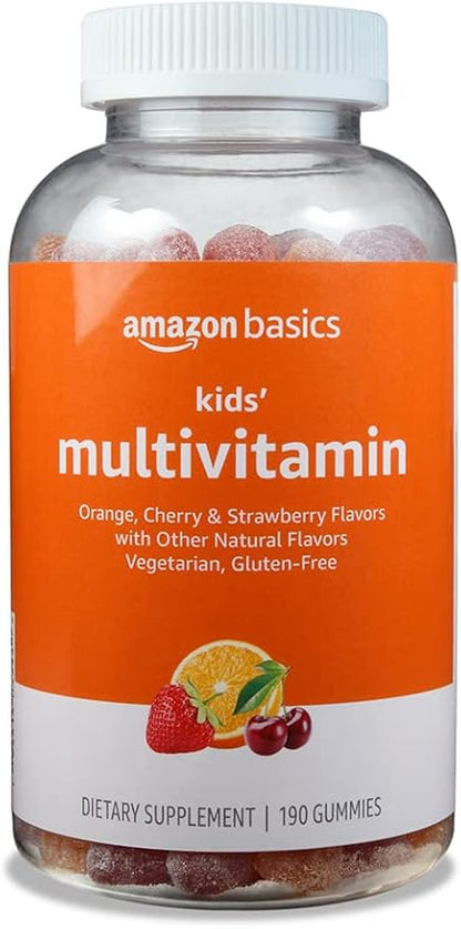 Amazon Basics Kids' Multivitamin Gummies, Cherry, Strawberry & Orange Flavors, 190 Count (Previously Solimo)