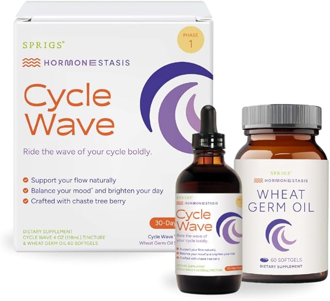 SPRIGS Cycle Wave Phase 1 Hormonal Support Kit for Tween Girls | Supplements to Promote a Healthy Menstrual Cycle & Balance Mood | 4 Oz Herbal Tincture & 60 Wheat Germ Oil Softgels for a 30 Day Supply