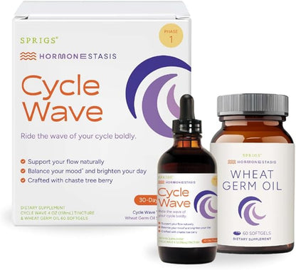 SPRIGS Cycle Wave Phase 1 Hormonal Support Kit for Tween Girls | Supplements to Promote a Healthy Menstrual Cycle & Balance Mood | 4 Oz Herbal Tincture & 60 Wheat Germ Oil Softgels for a 30 Day Supply