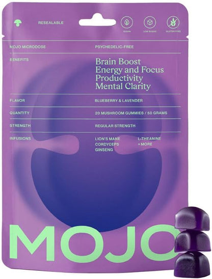 Mojo Focus Gummies w/Lion’s Mane, Panax Ginseng, Ginger Root, Cordyceps, Brain Supplement Memory/Focus Support Adults Nootropic Mushroom Gummies, Blueberry Lavender, Regular Strength (1 Pack)