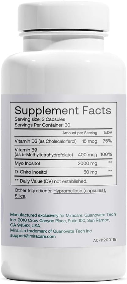 MIRA PCOS Supplement, Myo Inositol & D-Chiro Inositol 40:1 Ratio, Helps Promote Hormonal Balance and Support Ovarian Health & Metabolism, 90 Capsules (30 Servings), 1 Bottle