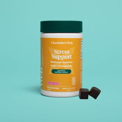 Charlotte's Web Stress Support Mushroom Gummies w/Reishi, Ashwagandha, Rhodiola Rosea Supplement — Natural Supplement — Strawberry-Flavored Ashwagandha Gummies (30 Servings)