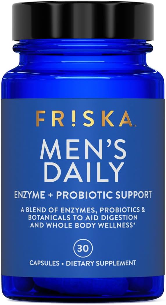 Friska Men’s Daily Gut Support - Digestive Enzymes, Probiotics to Help Break Down Foods, Supports Energy & Nutrient Absorption with Vitamins B6 & B12, 30 Capsules