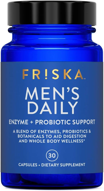 Friska Men’s Daily Gut Support - Digestive Enzymes, Probiotics to Help Break Down Foods, Supports Energy & Nutrient Absorption with Vitamins B6 & B12, 30 Capsules