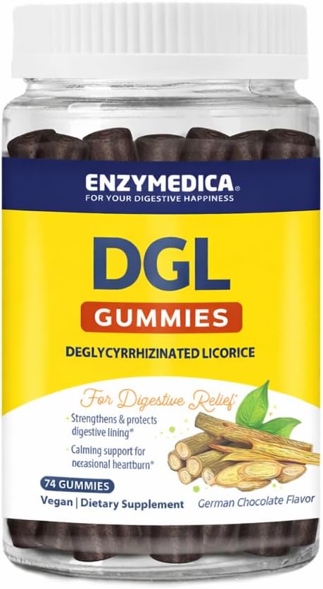 Enzymedica, DGL Stomach Relief, Deglycyrrhizinated Licorice Gummies for Digestive Support & Gut Health, Chocolate, 74 Count