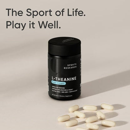 Sports Research Double Strength L-Theanine Supplement - Suntheanine Softgels for Focus, Relaxation & Alertness - Non-Drowsy Support Made with Coconut Oil, Non-GMO & Gluten Free - 200mg, 60 Count