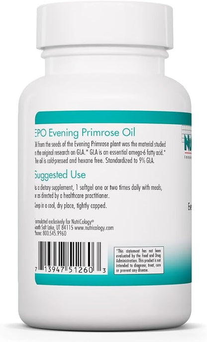 Nutricology EPO - Evening Primrose Oil for Men & Women, for Dry Eyes, Omega-6 EFA, GLA Gamma-Linolenic Acid, 500mg Supplement - 120 Count