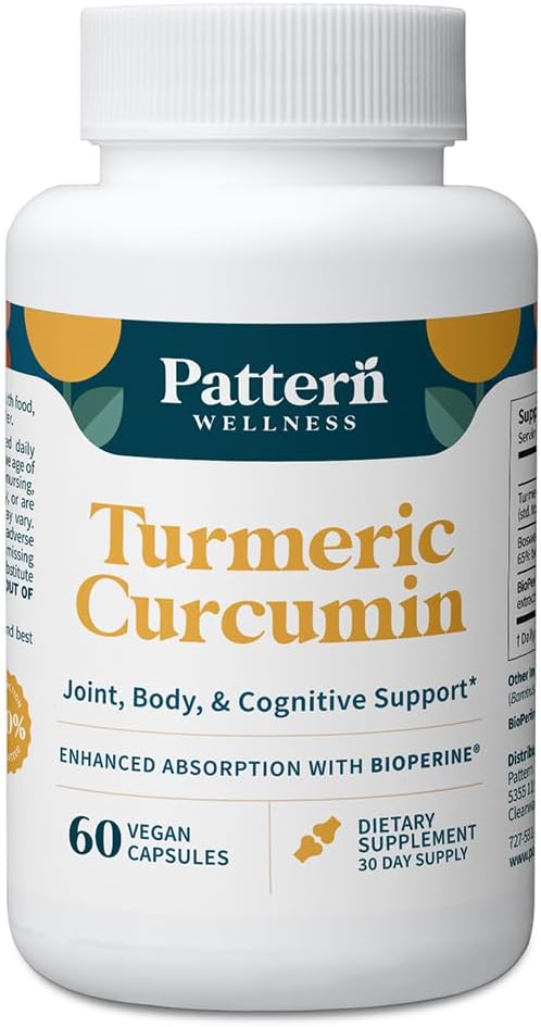 Pattern Wellness Turmeric Curcumin – 95% Curcuminoids with BioPerine® Black Pepper – Supports Joint, Cognitive & Immune Health – Non-GMO, Gluten Free – 60 Capsules