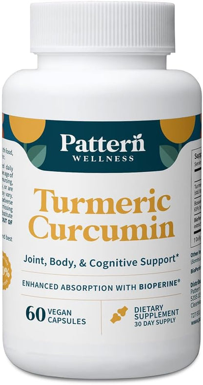 Pattern Wellness Turmeric Curcumin – 95% Curcuminoids with BioPerine® Black Pepper – Supports Joint, Cognitive & Immune Health – Non-GMO, Gluten Free – 60 Capsules