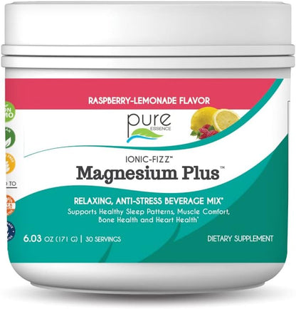 Pure Essence Labs Ionic Fizz Magnesium Plus, Anti-Stress Supplement Drink Powder, Gluten Free and Non-GMO Magnesium Powder (Raspberry Lemonade, 6.03 Ounce (Pack of 1))