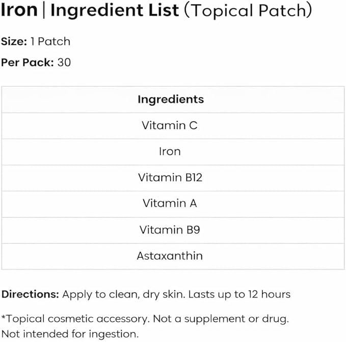 The Patch Remedy Iron Patch | Iron Bisglycinate, Vitamin C, B9 (Methylfolate), B12, Beta-Carotene, Astaxanthin | 30 Patches
